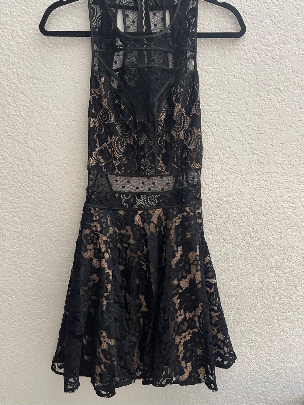 bebe Black Lace Mini Dress with Nude Lining